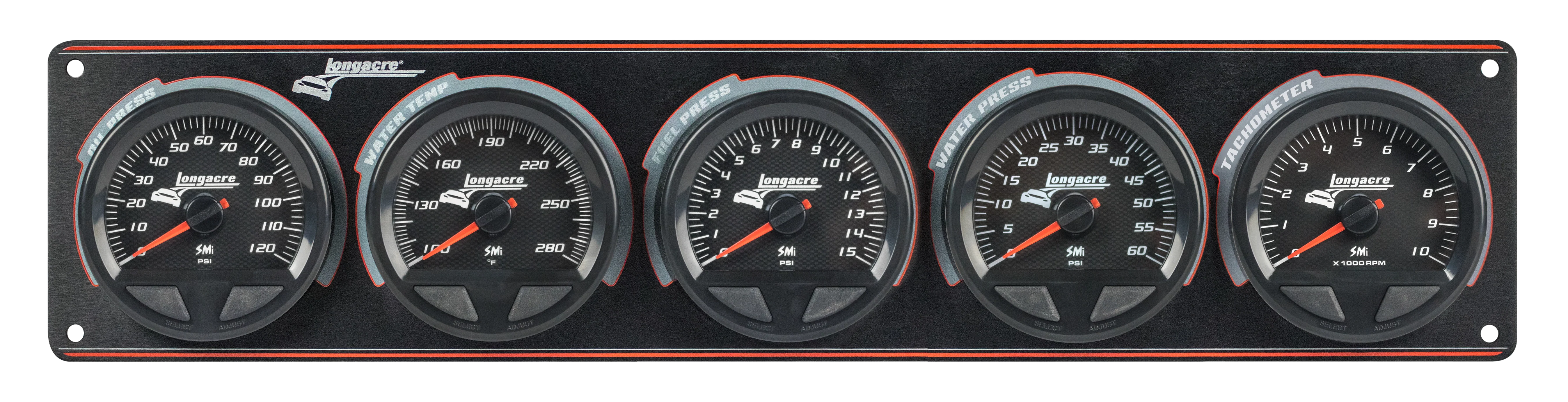 SMi™ Elite Waterproof Gauge Panel from Longacre,  4 Gauge Oil Pressure/Water Temperature/Fuel Pressure/Water Pressure/Tach - Image 2